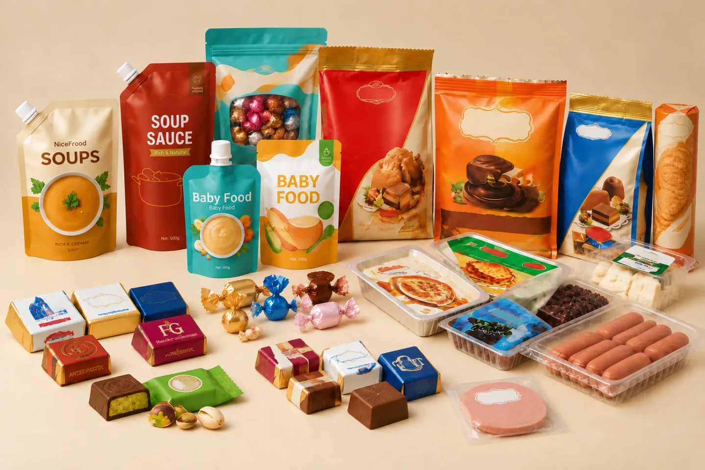 Packaged products, pouches, jars and bottles